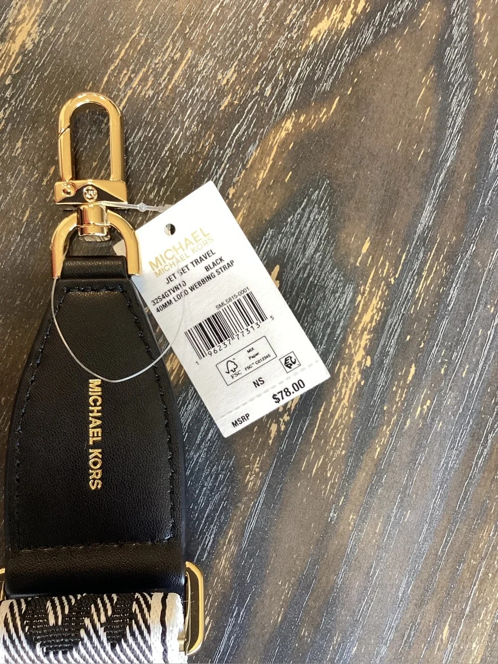 Michael Kors Black and White Logo Woven Bag Strap with Gold Toned Hardware
